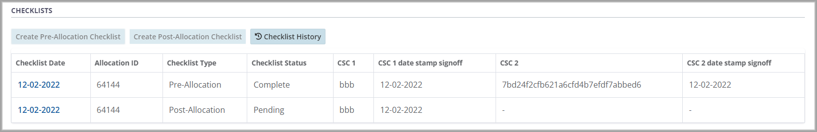 Example - Checklist controls and history table of completed checklists.