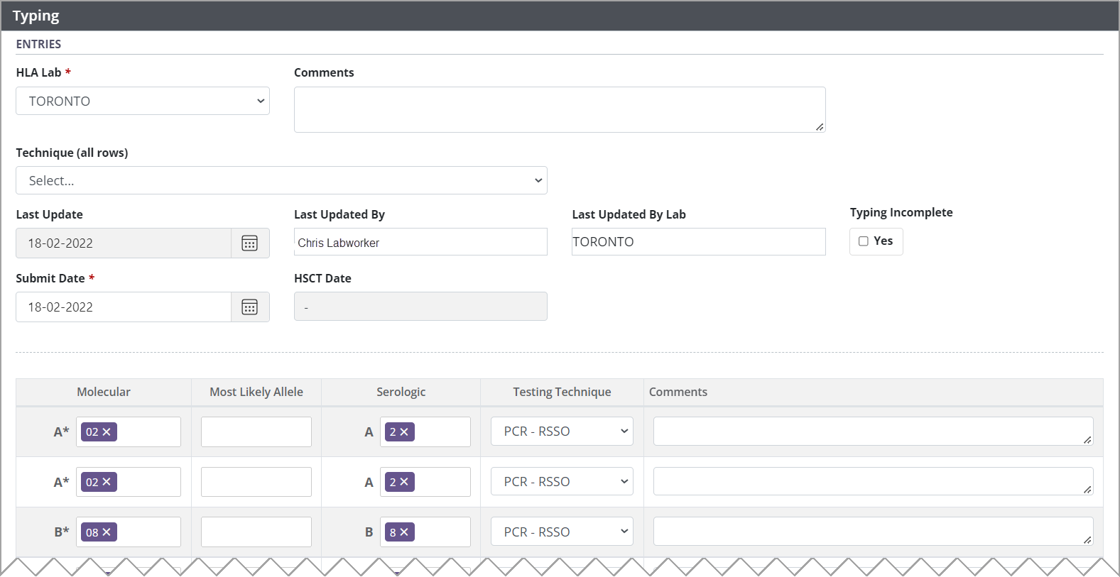 Example - HLA typing form, populated