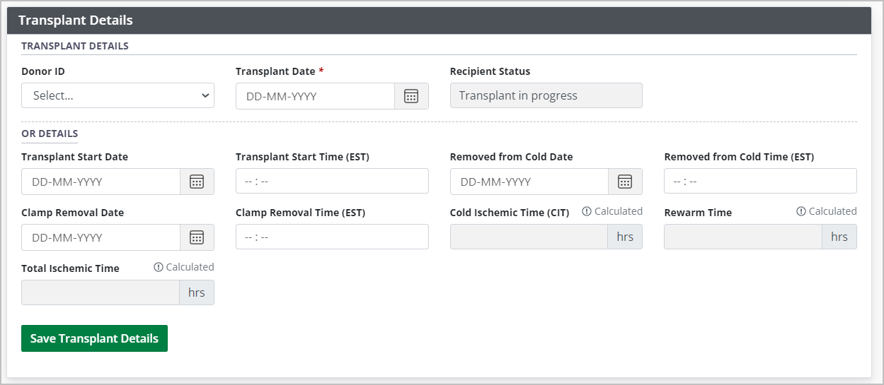 Example - Transplant details form, empty