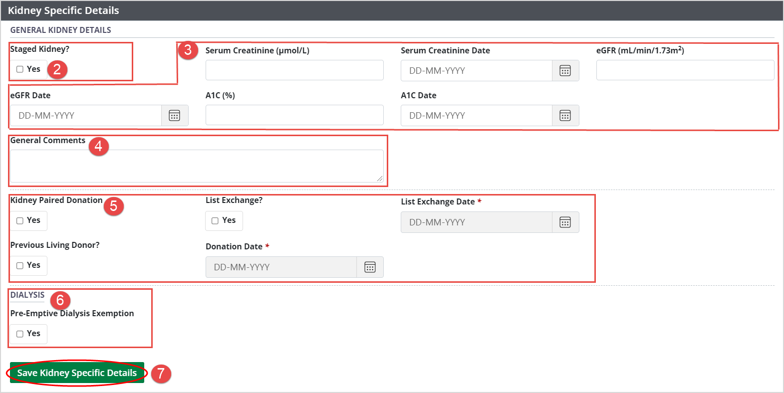 Example - General kidney details form