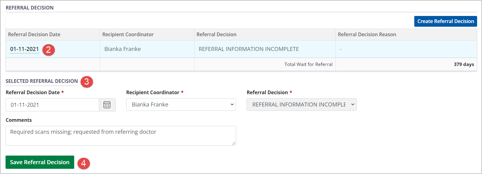 Example - Referral decision table with historical data