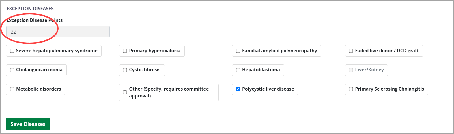 Example - Exception diseases form with calculated score