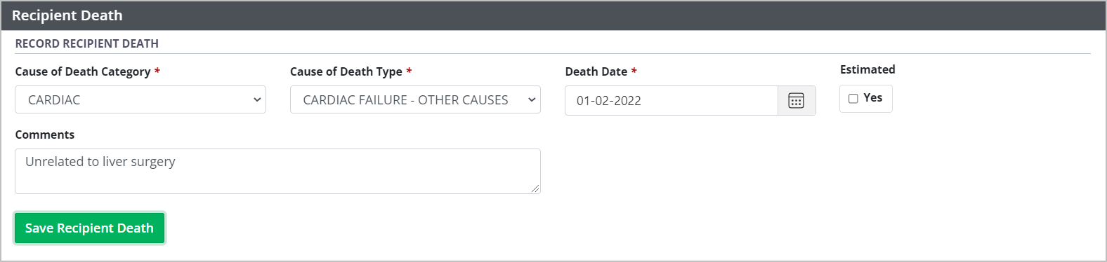 Example - recipient death form, populated