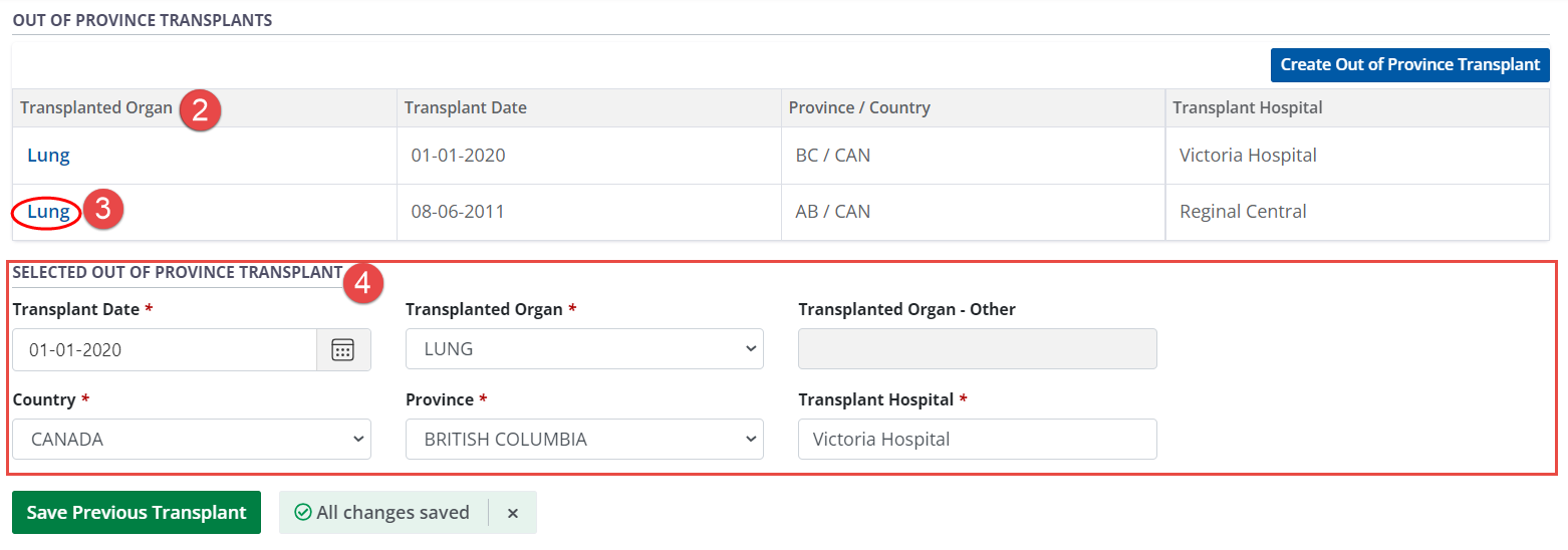 Example - Out of Province table and form, populated