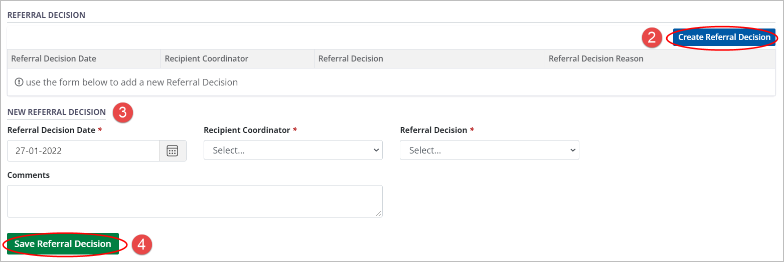 Example - empty Referral Decision form