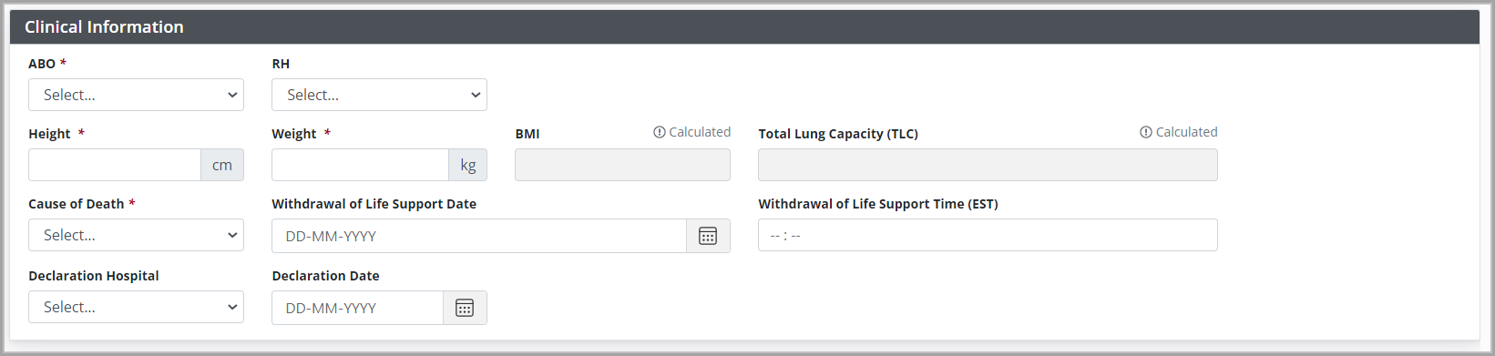 Example - Donor clinical information section, empty.