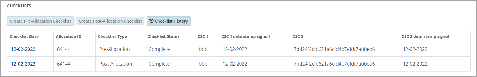 Example - Checklist controls and history table of completed checklists.