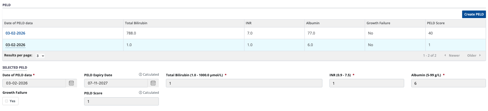 Example - PELD table and form, populated