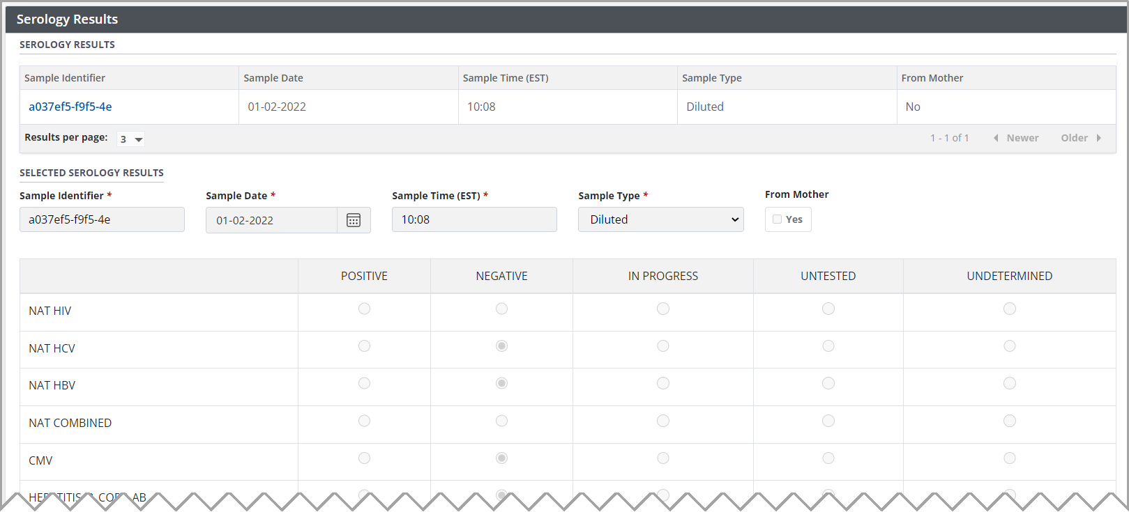 Example - donor serology results information section, empty.