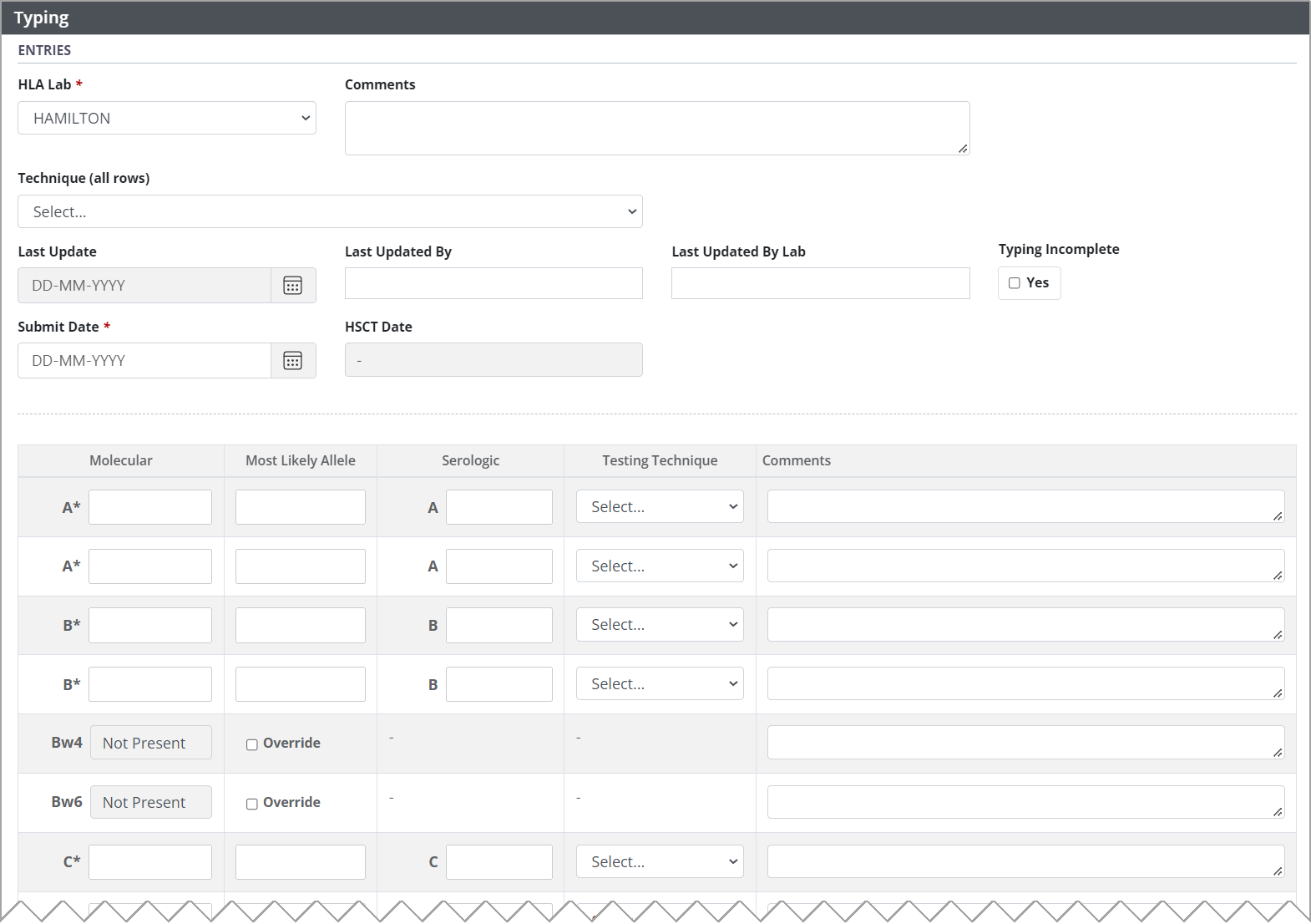 Example - HLA typing form, empty