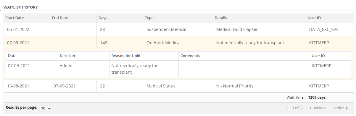 Example - Medical suspension shown in waitlist history table