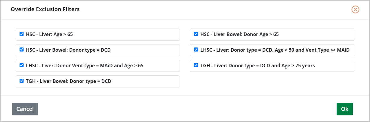 Example - Override exclusion filters window