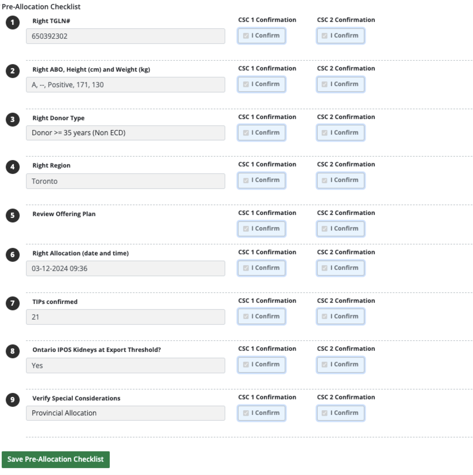 Example - Checklist, second CSC verified.