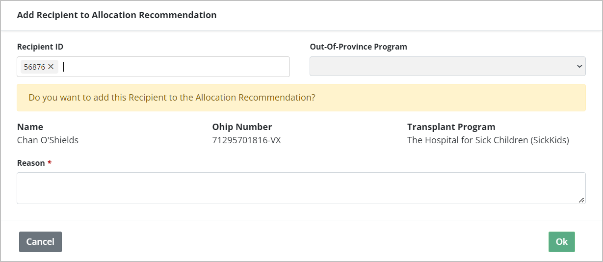 Example - add recipient to allocation confirmation pop up.