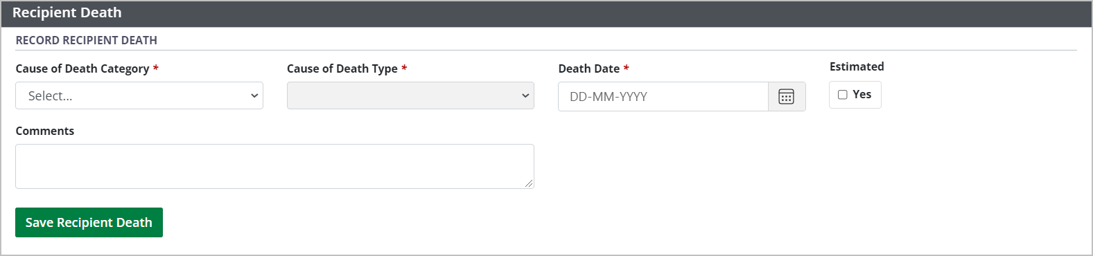 Example - recipient death form, empty