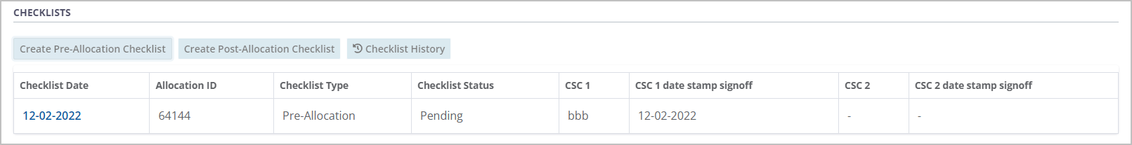 Example - Check list controls and table of completed checklists