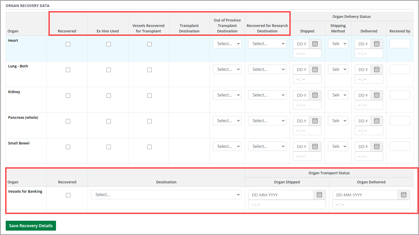 Example - Organ recovery data (empty)