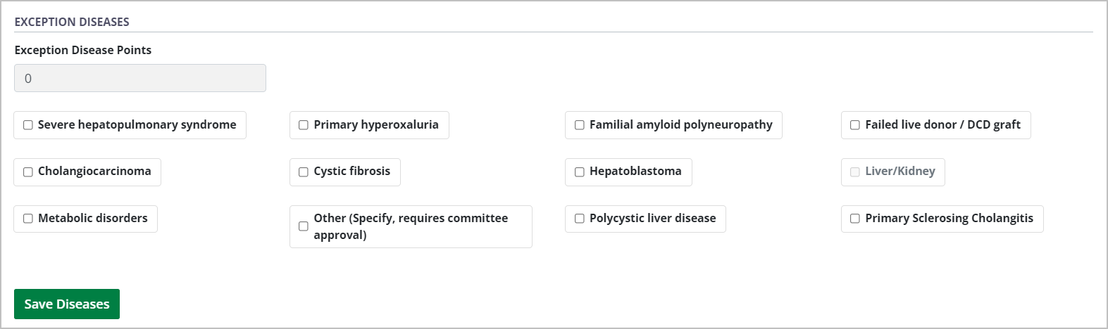 Example - Exception diseases form, empty