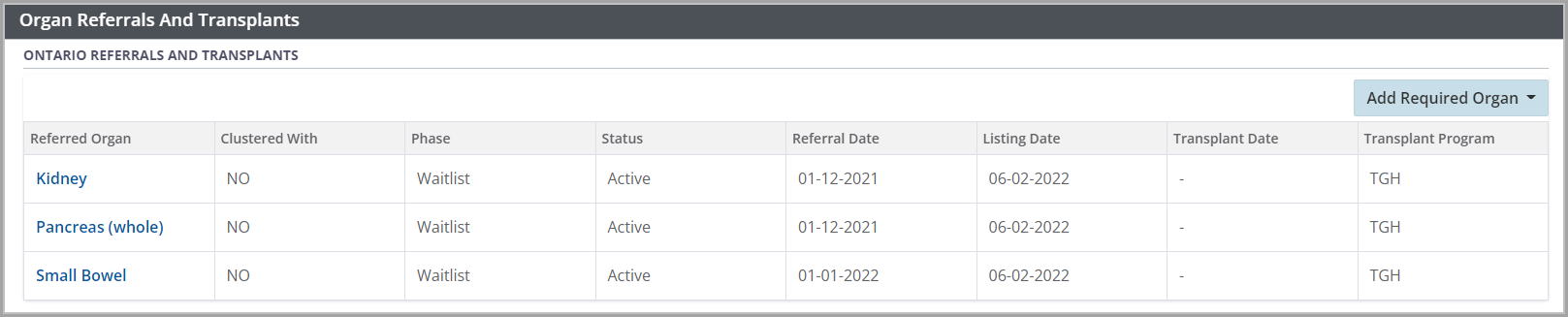 Example - Organ referrals and transplant section - 3 organs un-clustered