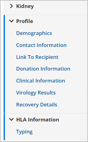 Example - left navigation of a living donor profile.