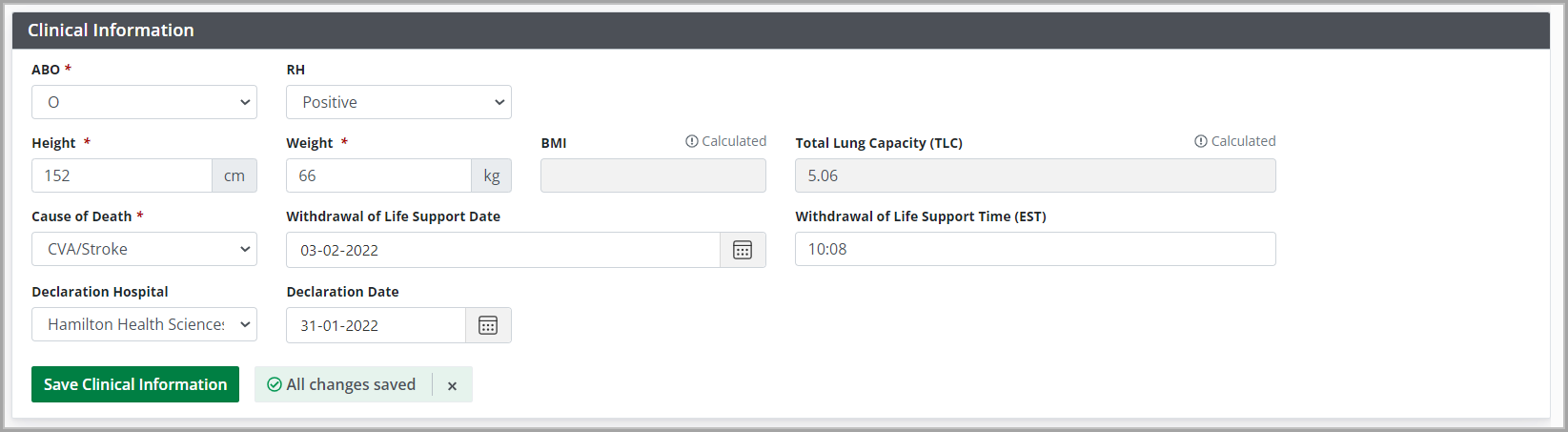 Example - donor clinical information section, empty.