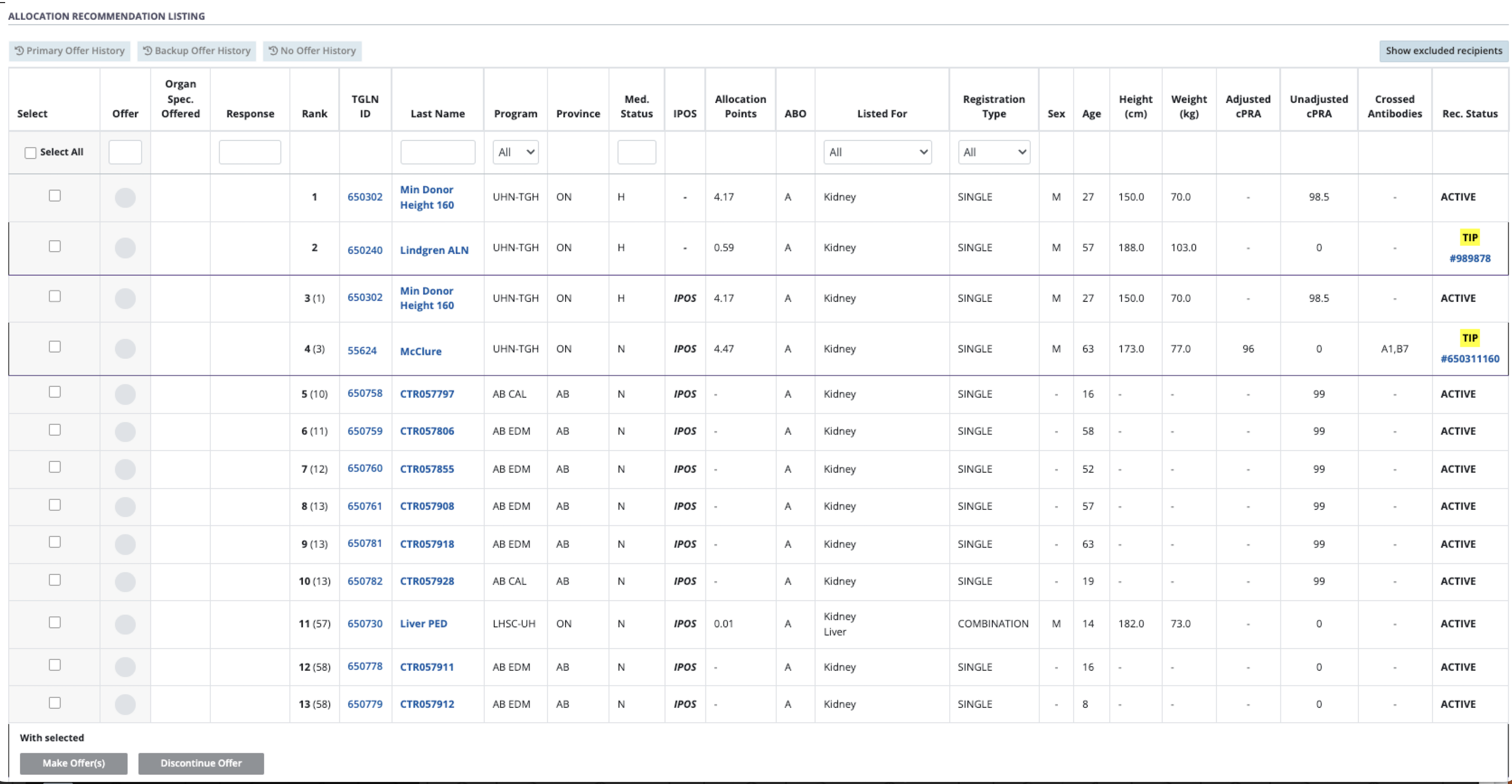 Example - Allocation recommendation with offers made - top part