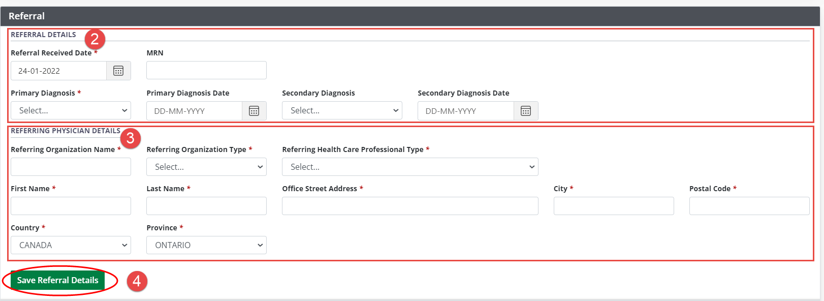 Example - empty Referral Details form