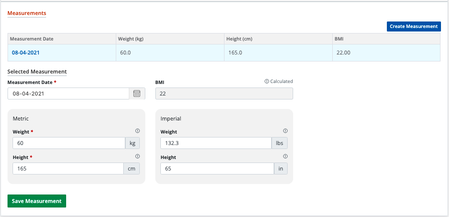 Example - form showing completed measurements