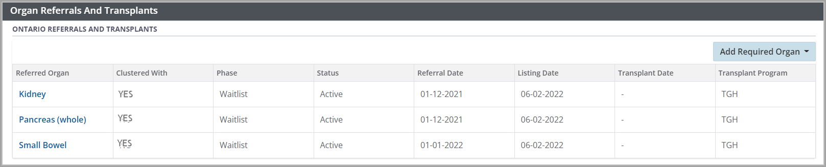 Example - Organ referrals and transplant section - 3 organs clustered