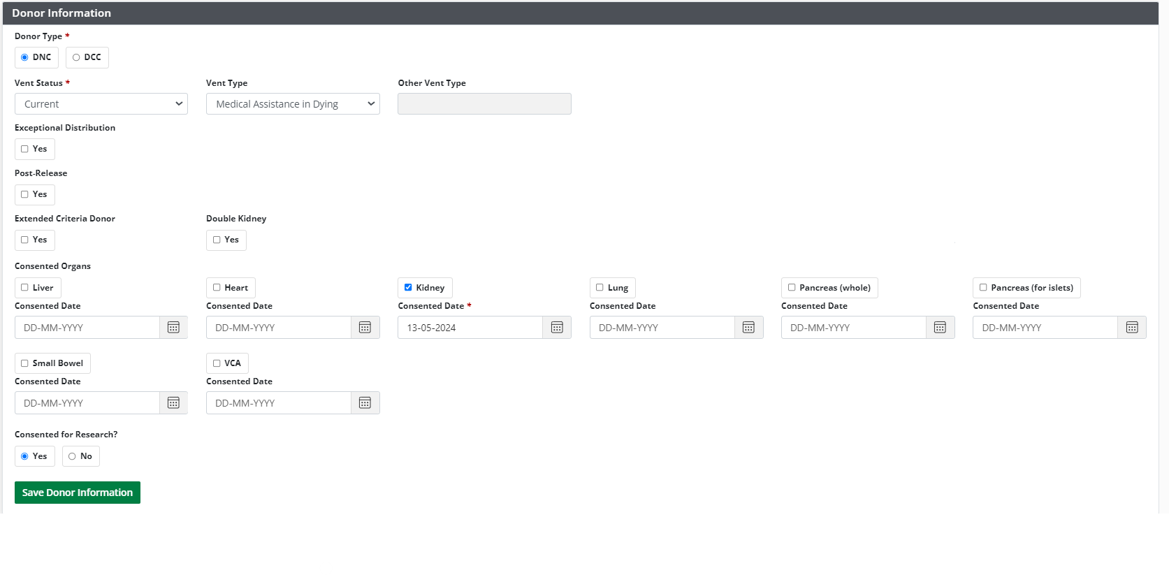 Example - Donor information section, empty.