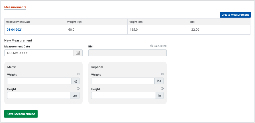 Example - Measurements table and form, empty