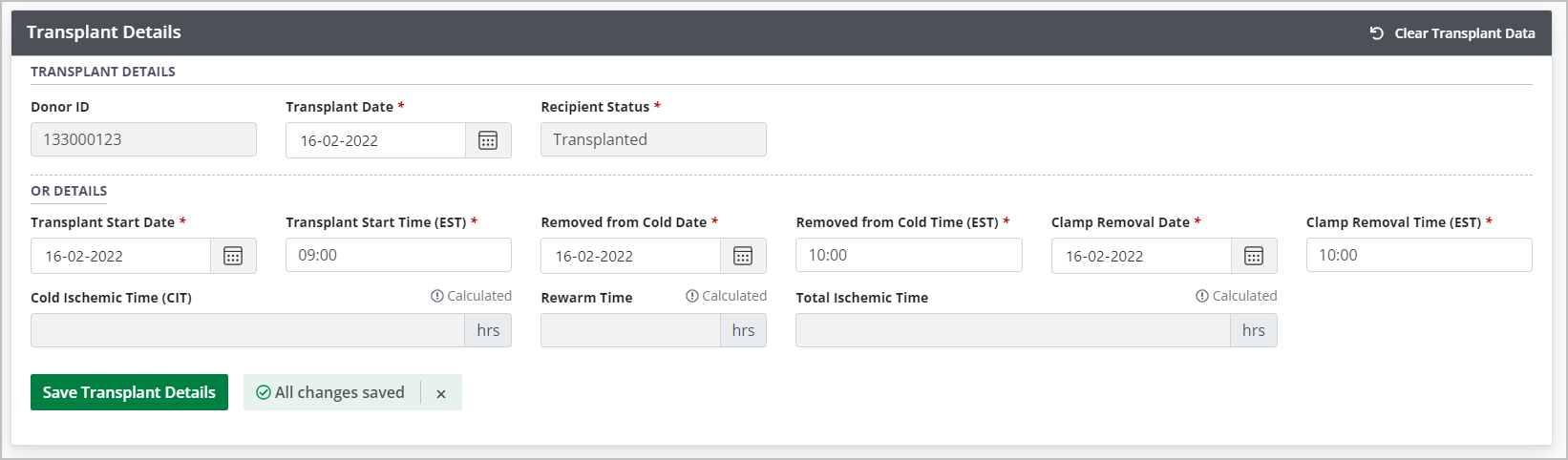 Example - Transplant details form, populated.