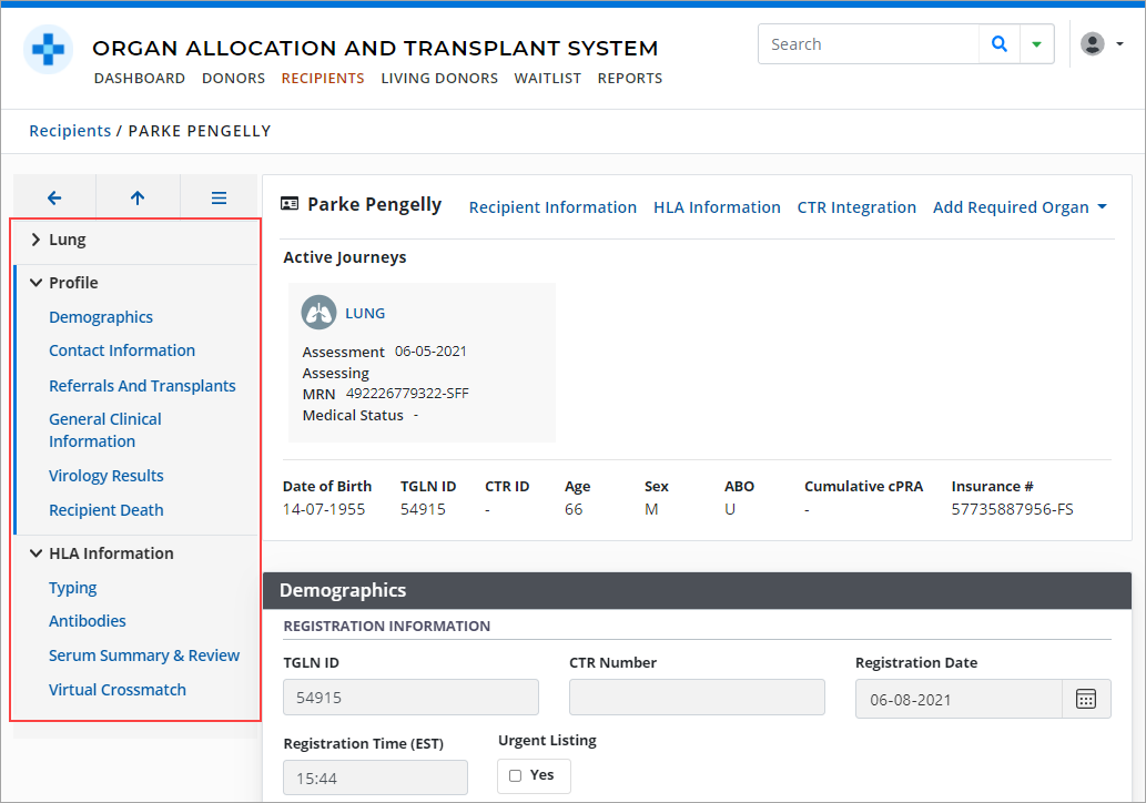 Example - recipient profile page with left navigation highlighted