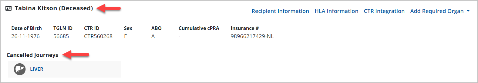 Example - recipient summary bar showing deceased status and cancelled journeys