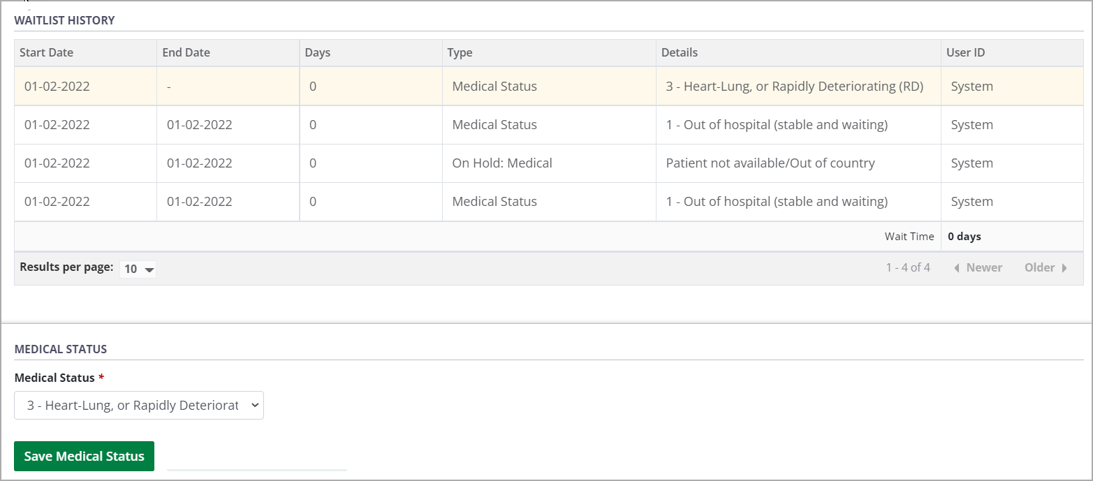 Example - Waitlist history and medical status form