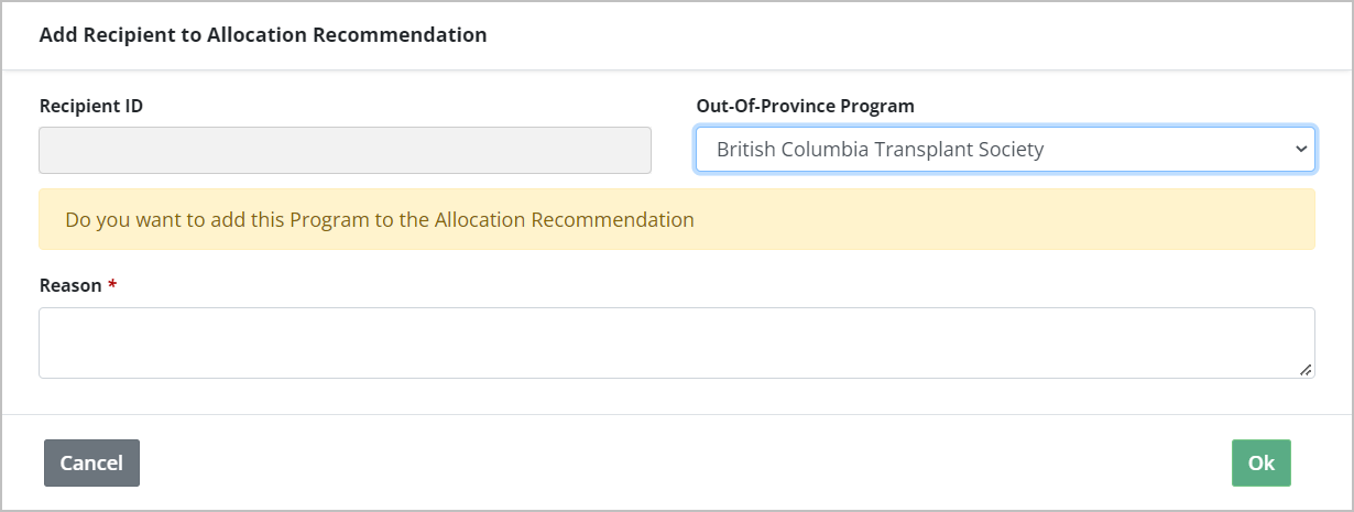 Example - add recipient to allocation confirmation pop up.