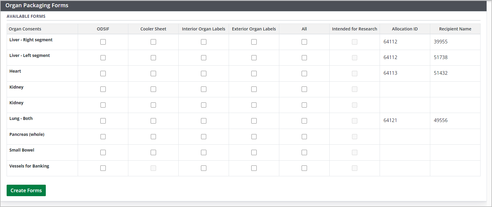 Example - Organ Packaging Forms table