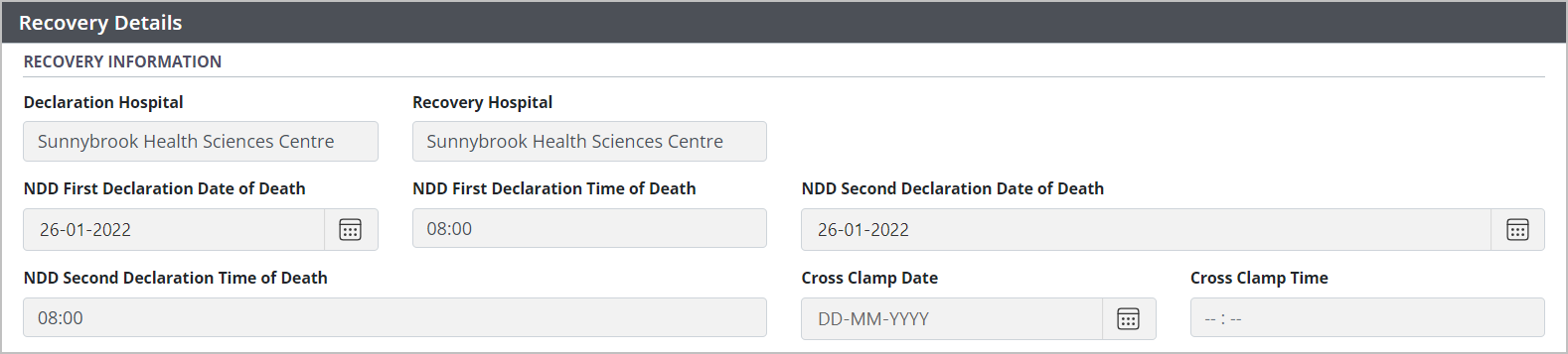 Example - recovery information populated by iTransplant