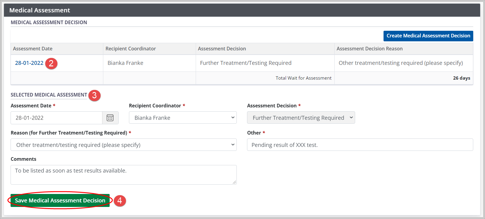 Example - medical assessment decision table and form, populated