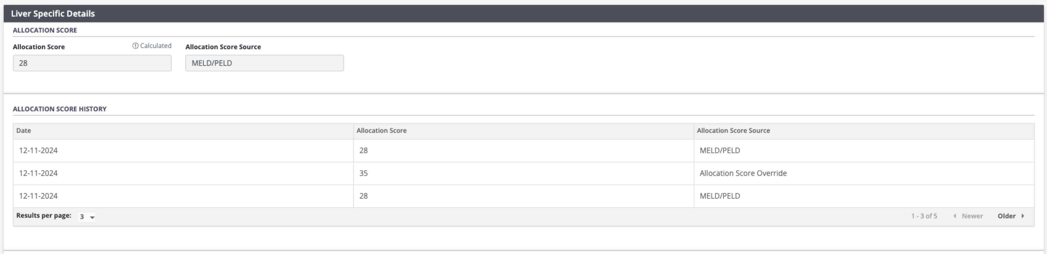 Example - Allocation store and score history table.