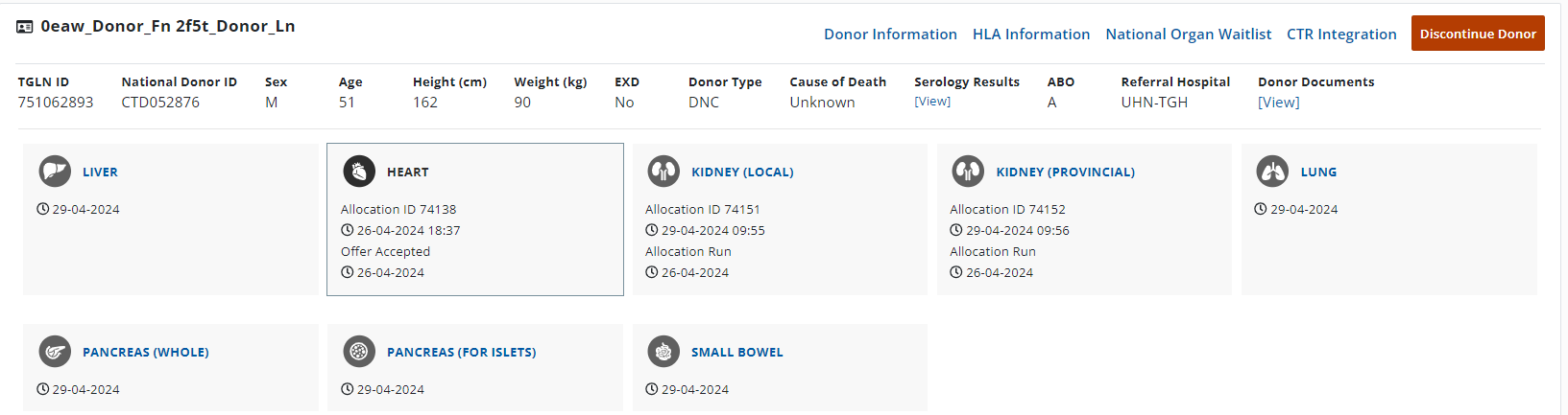 Example - Donor summary bar with consented organs in various stages