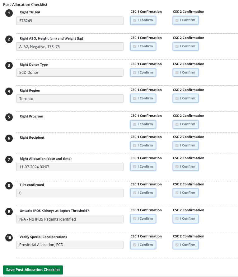 Example - post allocation checklist - verified by two CSCs.