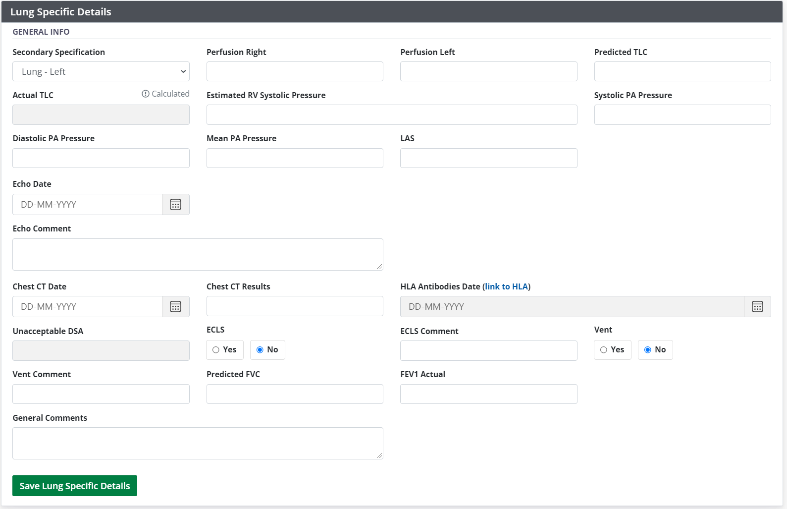 Example - lung specific details form, empty