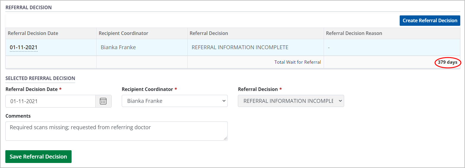 Example - Referral Decision table with Total Wait for Referral highlighted