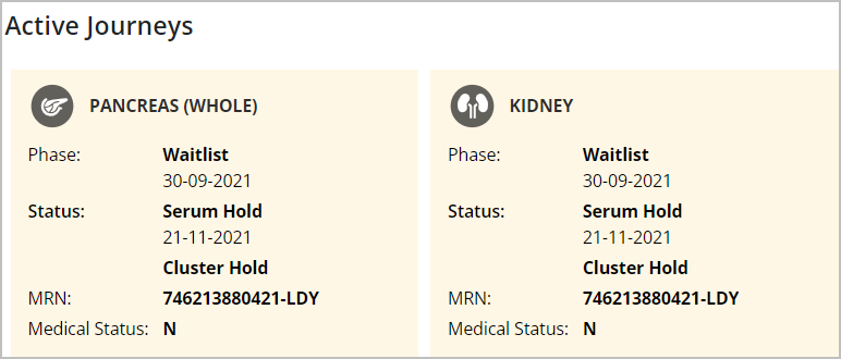 Example - Serum hold shown in journey status from recipient status bar