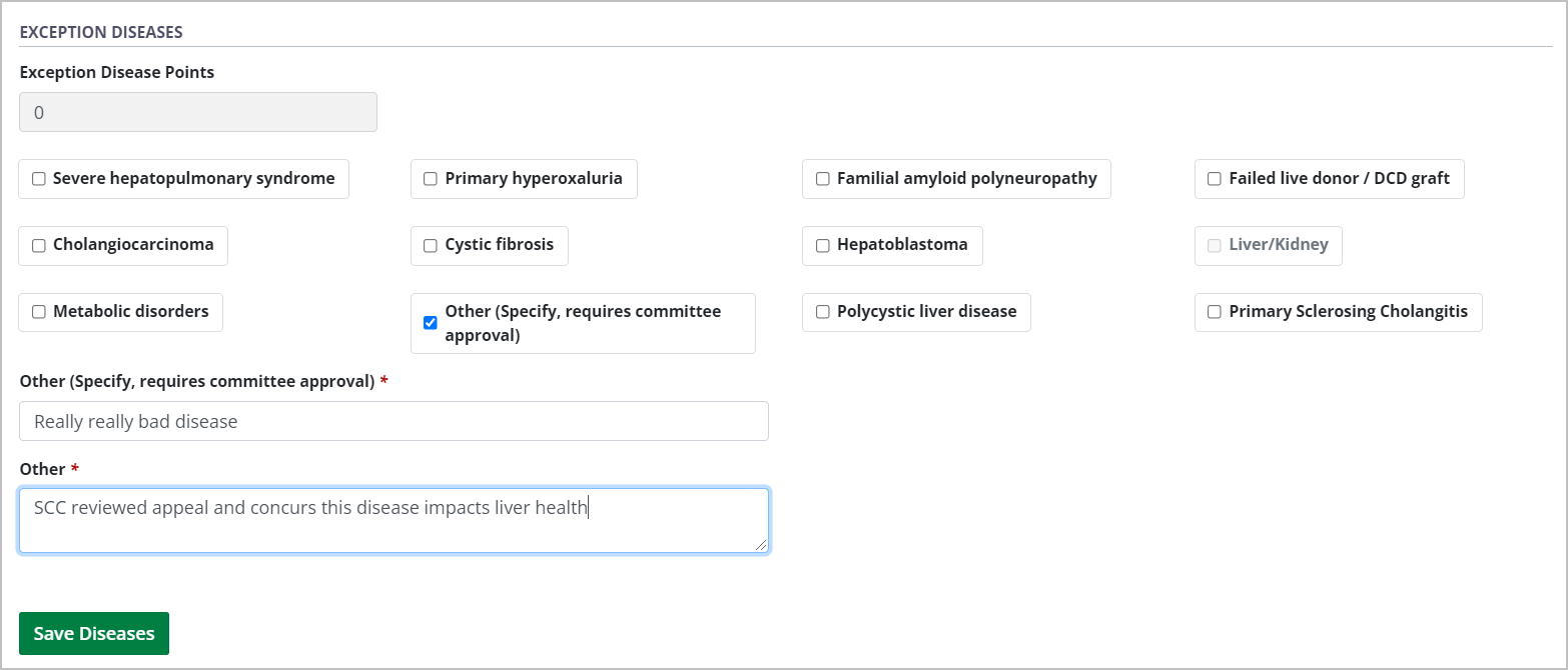 Example - Exception diseases form, with other diseases selected