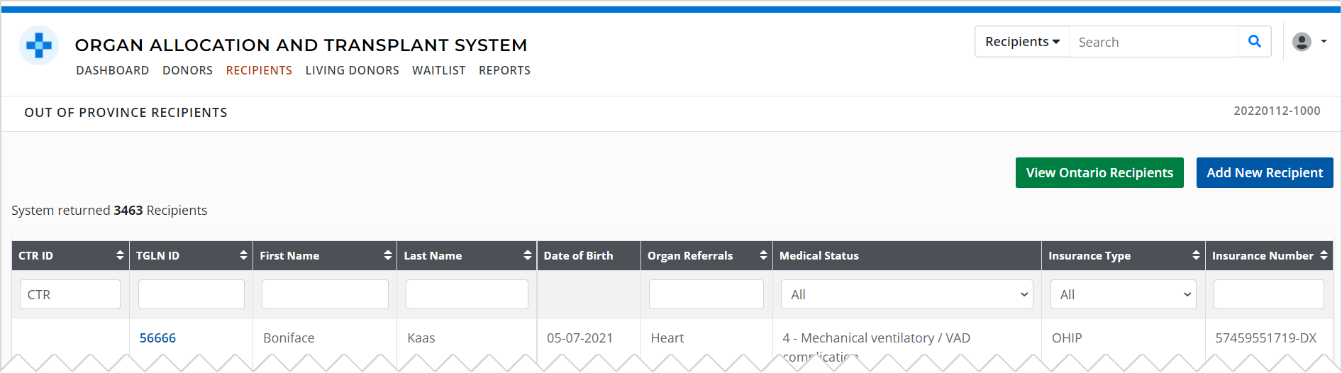 Example - Recipient list showing out-of-Ontario recipients