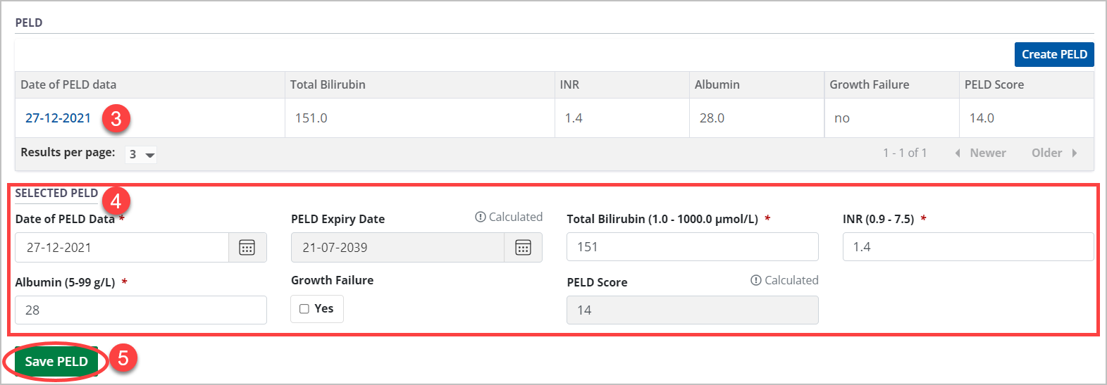 Example - PELD table and form, populated