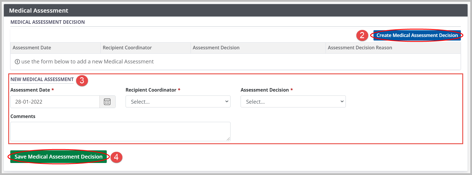 Example - medical assessment decision table and form, empty