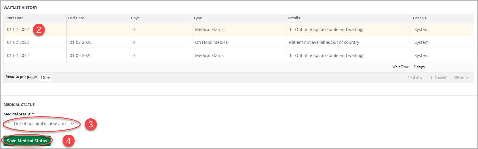 Example - Waitlist history and medical status section